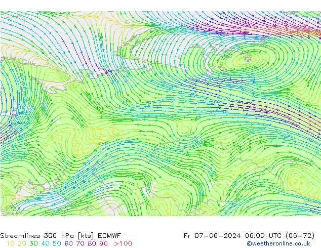 Stroomlijn 300 hPa ECMWF vr 07.06.2024 06 UTC