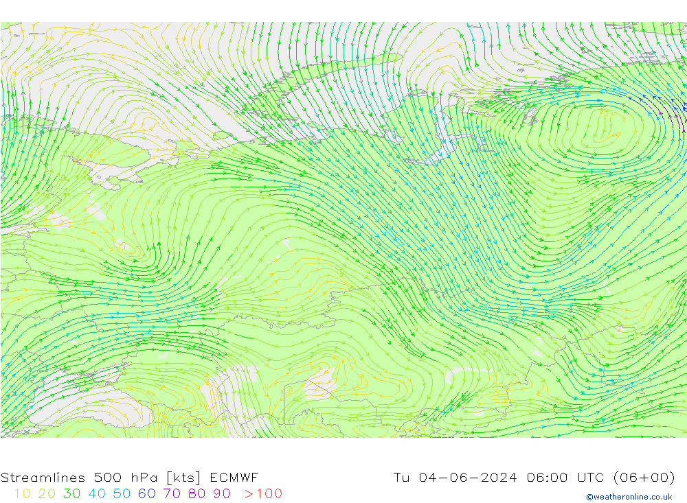 Linia prądu 500 hPa ECMWF wto. 04.06.2024 06 UTC