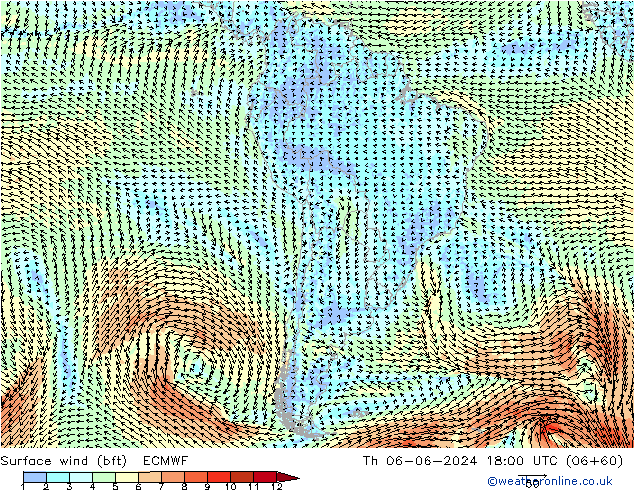 Wind 10 m (bft) ECMWF do 06.06.2024 18 UTC