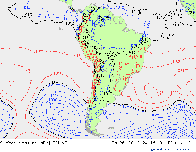 Presión superficial ECMWF jue 06.06.2024 18 UTC