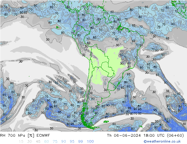 RH 700 гПа ECMWF чт 06.06.2024 18 UTC