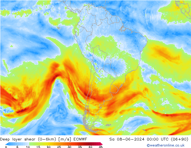 Deep layer shear (0-6km) ECMWF za 08.06.2024 00 UTC