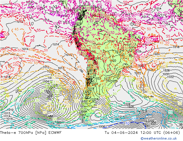 Theta-e 700hPa ECMWF wto. 04.06.2024 12 UTC