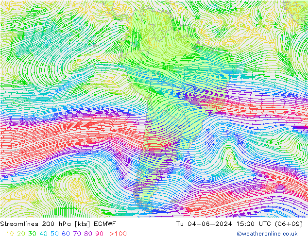 Streamlines 200 hPa ECMWF Út 04.06.2024 15 UTC