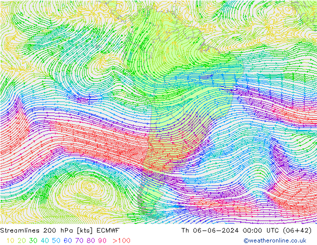 Streamlines 200 hPa ECMWF Th 06.06.2024 00 UTC
