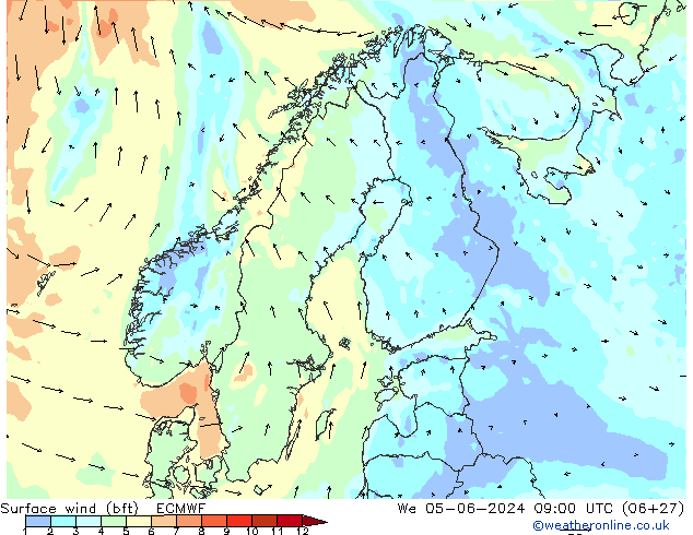 wiatr 10 m (bft) ECMWF śro. 05.06.2024 09 UTC