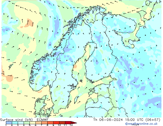 wiatr 10 m (bft) ECMWF czw. 06.06.2024 15 UTC