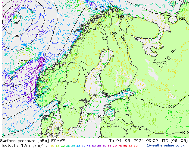 Isotachs (kph) ECMWF Út 04.06.2024 09 UTC