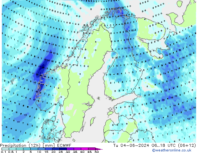 Totale neerslag (12h) ECMWF di 04.06.2024 18 UTC