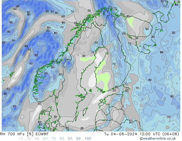 RH 700 hPa ECMWF Út 04.06.2024 12 UTC