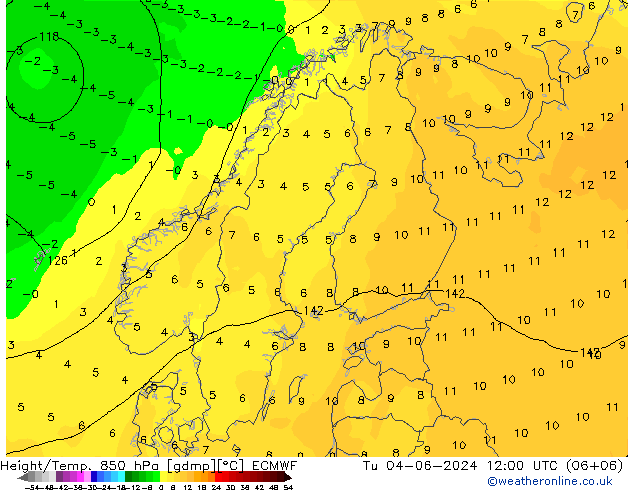 Height/Temp. 850 hPa ECMWF Di 04.06.2024 12 UTC