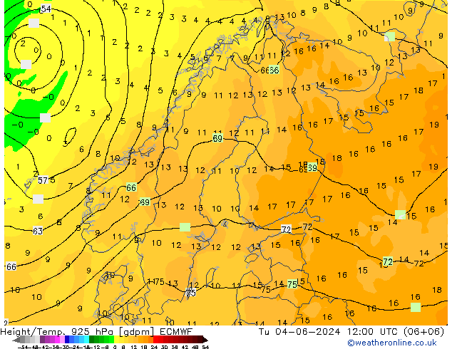 Height/Temp. 925 hPa ECMWF Tu 04.06.2024 12 UTC