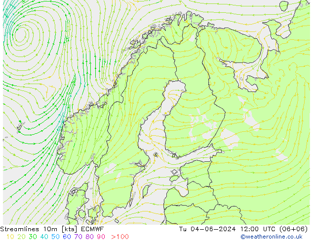 Streamlines 10m ECMWF Út 04.06.2024 12 UTC