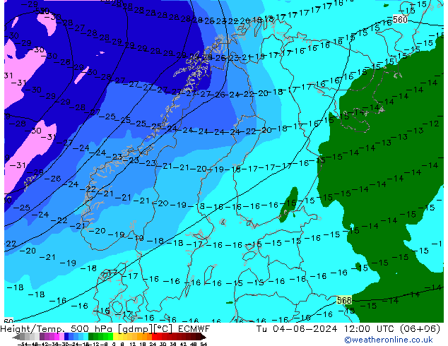 Z500/Rain (+SLP)/Z850 ECMWF Di 04.06.2024 12 UTC