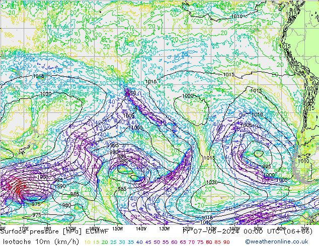 Izotacha (km/godz) ECMWF pt. 07.06.2024 00 UTC