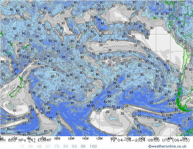 Humidité rel. 850 hPa ECMWF mar 04.06.2024 09 UTC