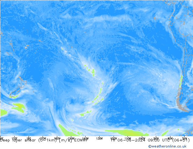 Deep layer shear (0-1km) ECMWF czw. 06.06.2024 09 UTC