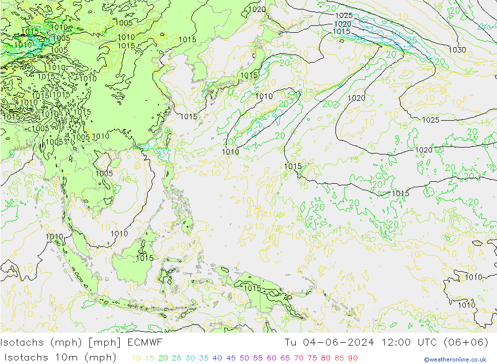 Isotachs (mph) ECMWF вт 04.06.2024 12 UTC