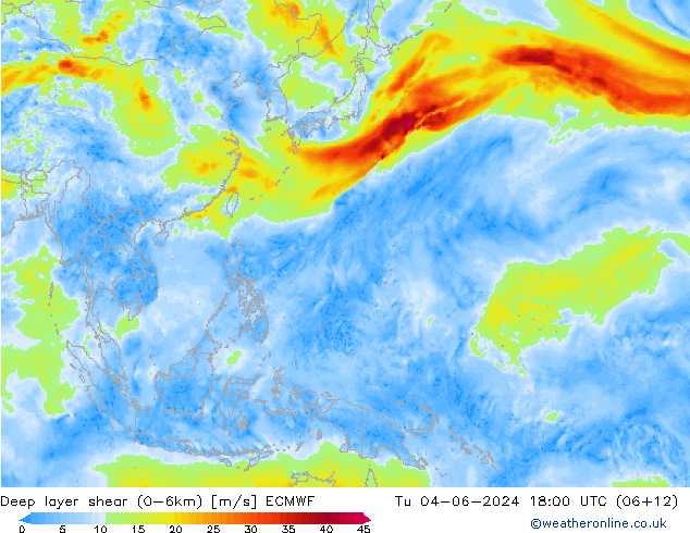 Deep layer shear (0-6km) ECMWF Tu 04.06.2024 18 UTC