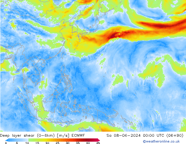 Deep layer shear (0-6km) ECMWF Sa 08.06.2024 00 UTC