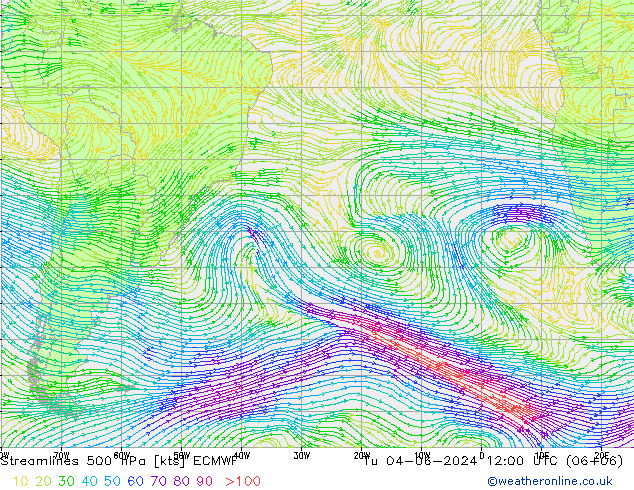 Línea de corriente 500 hPa ECMWF mar 04.06.2024 12 UTC