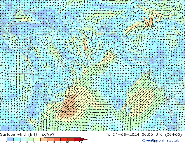 �N 10 米 (bft) ECMWF 星期二 04.06.2024 06 UTC