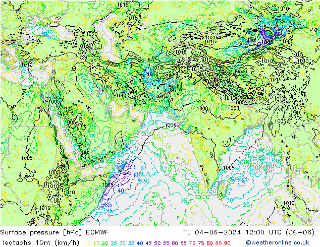 Isotachs (kph) ECMWF Tu 04.06.2024 12 UTC