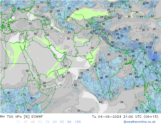 RH 700 hPa ECMWF Tu 04.06.2024 21 UTC