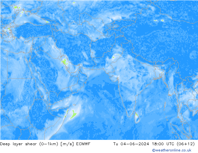 Deep layer shear (0-1km) ECMWF Tu 04.06.2024 18 UTC