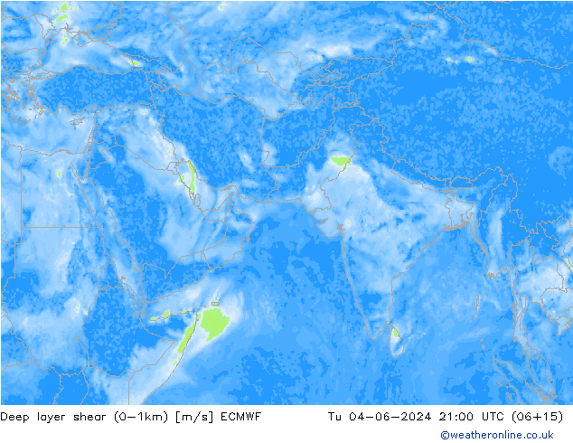 Deep layer shear (0-1km) ECMWF Tu 04.06.2024 21 UTC