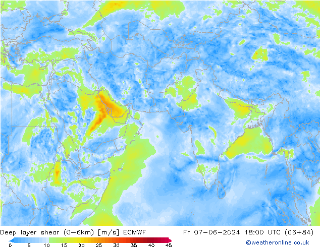 Deep layer shear (0-6km) ECMWF Sex 07.06.2024 18 UTC