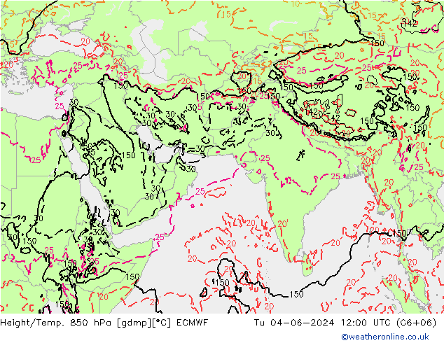 Height/Temp. 850 hPa ECMWF Tu 04.06.2024 12 UTC