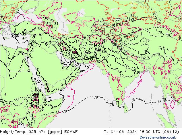 Height/Temp. 925 hPa ECMWF 星期二 04.06.2024 18 UTC