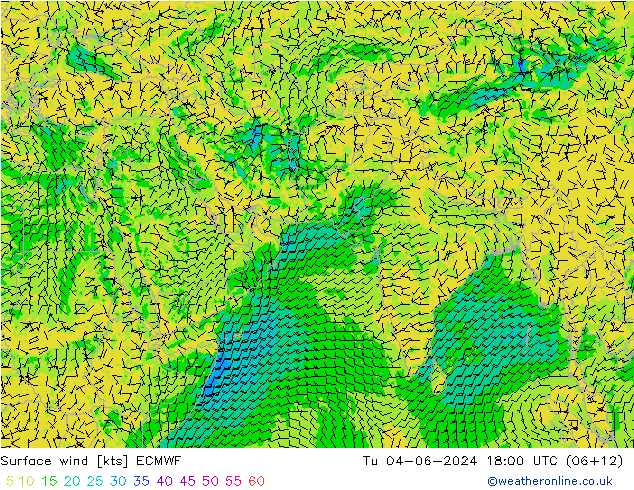 wiatr 10 m ECMWF wto. 04.06.2024 18 UTC