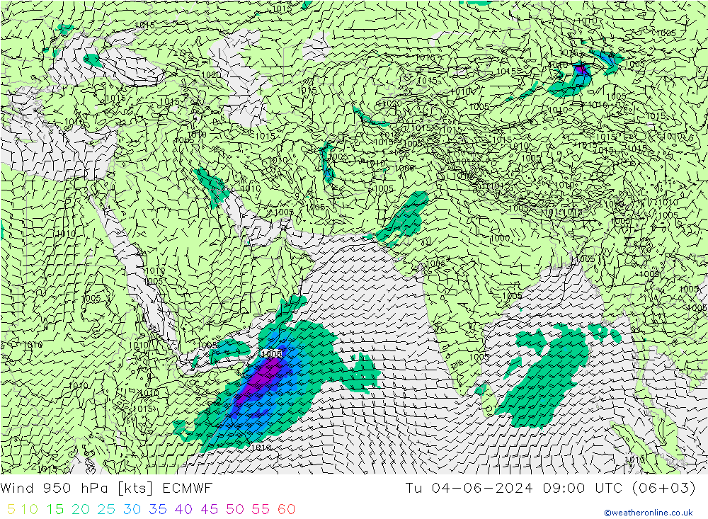 风 950 hPa ECMWF 星期二 04.06.2024 09 UTC