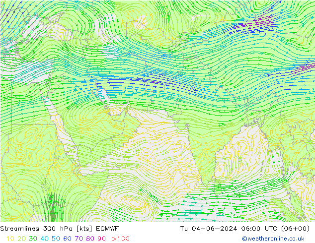 Streamlines 300 hPa ECMWF Tu 04.06.2024 06 UTC