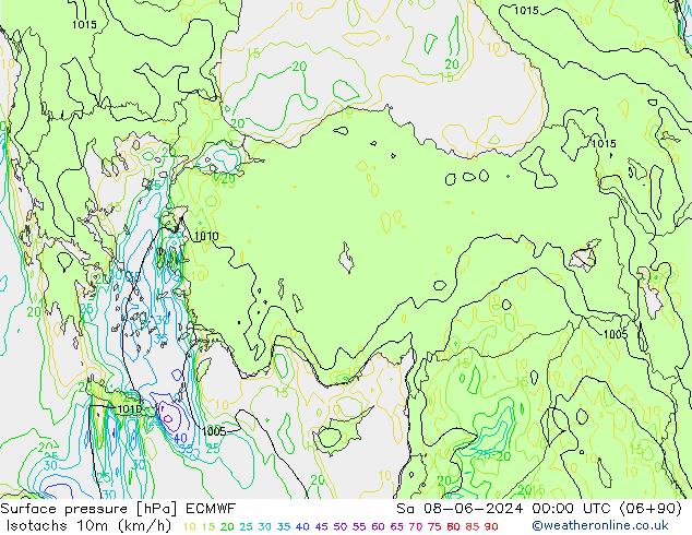 Isotachs (kph) ECMWF Sáb 08.06.2024 00 UTC