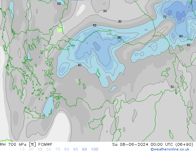 RH 700 hPa ECMWF Sáb 08.06.2024 00 UTC