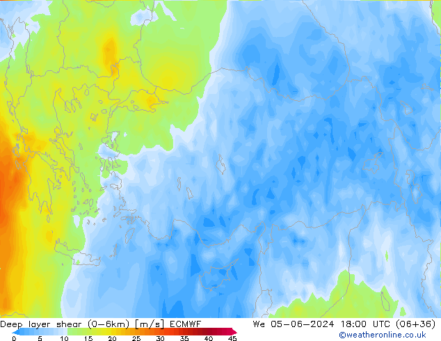 Deep layer shear (0-6km) ECMWF wo 05.06.2024 18 UTC