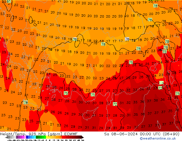 Height/Temp. 925 hPa ECMWF Sáb 08.06.2024 00 UTC