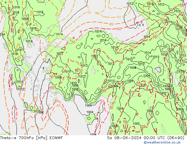 Theta-e 700hPa ECMWF sam 08.06.2024 00 UTC