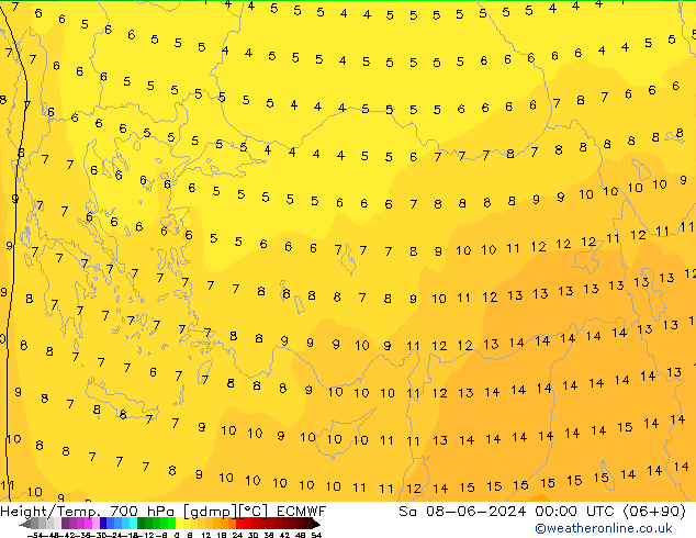 Géop./Temp. 700 hPa ECMWF sam 08.06.2024 00 UTC