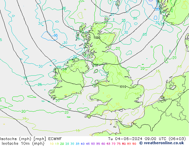 Isotachs (mph) ECMWF Út 04.06.2024 09 UTC