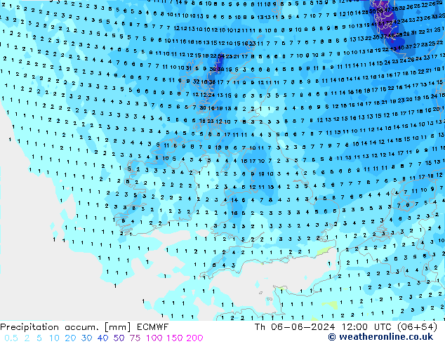 Precipitation accum. ECMWF чт 06.06.2024 12 UTC