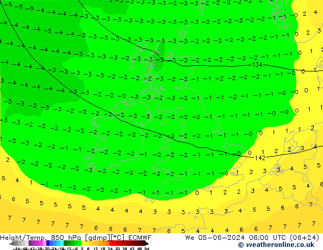 Geop./Temp. 850 hPa ECMWF mié 05.06.2024 06 UTC