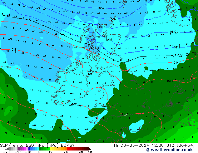 SLP/Temp. 850 гПа ECMWF чт 06.06.2024 12 UTC