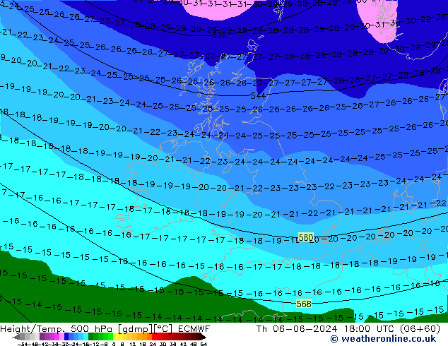 Z500/Rain (+SLP)/Z850 ECMWF Th 06.06.2024 18 UTC