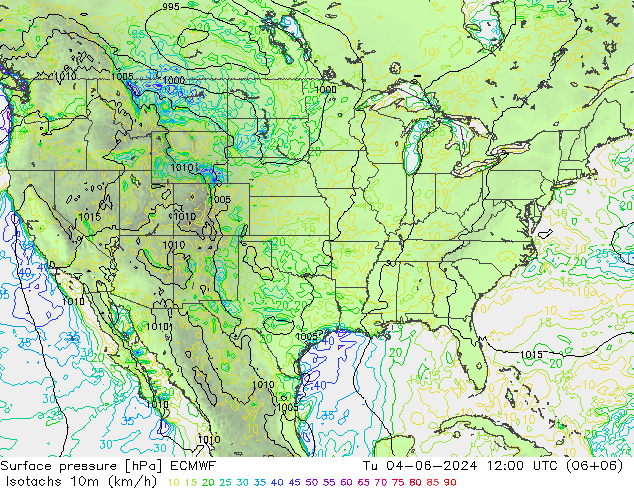 Isotachs (kph) ECMWF вт 04.06.2024 12 UTC