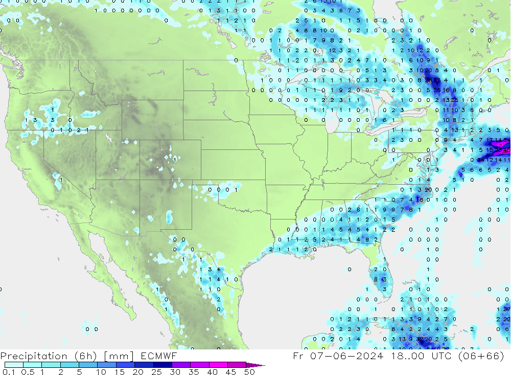 осадки (6h) ECMWF пт 07.06.2024 00 UTC