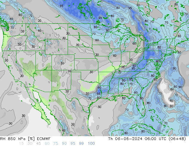 RH 850 hPa ECMWF Čt 06.06.2024 06 UTC